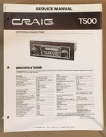 Craig Model T500 Car Stereo / Cassette Service Manual *Original*