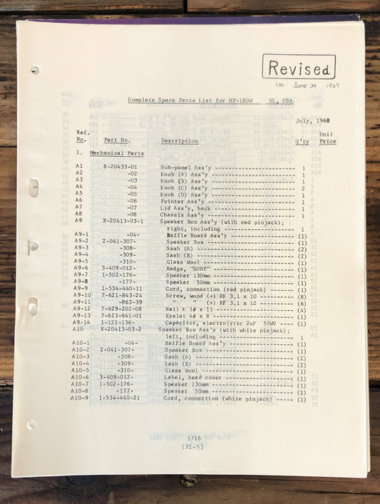 Sony HP-180W Stereo Parts List Service Manual *Original*