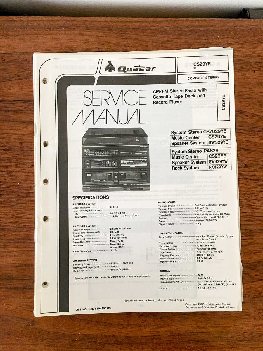 Quasar CS29YECS-29YE Radio / Stereo Service Manual *Original*