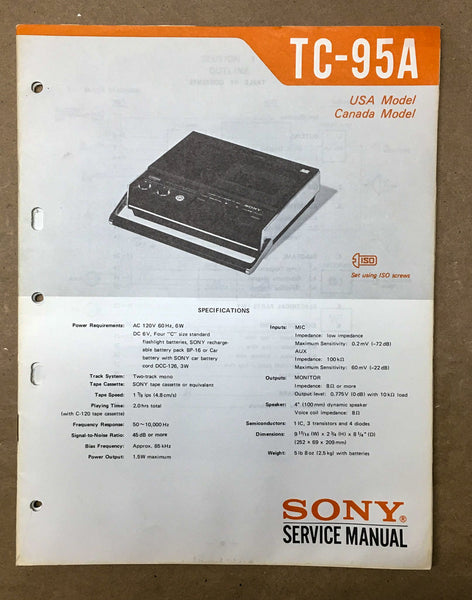 Sony TC-95A Cassette Tape Player Service Manual *Original*