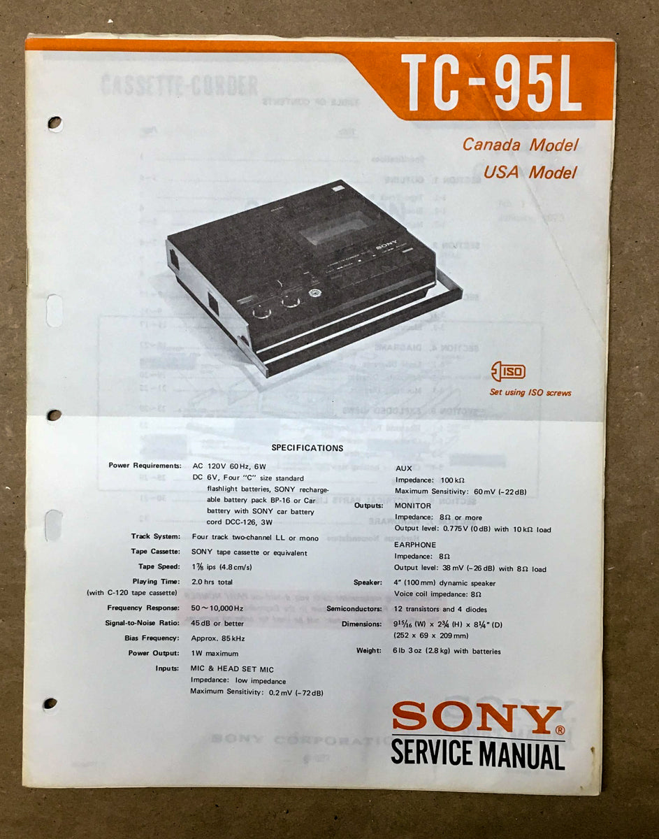 Sony TC-95L Cassette Tape Player Service Manual *Original*