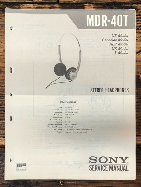 Sony MDR-40T Headphones  Service Manual *Original*