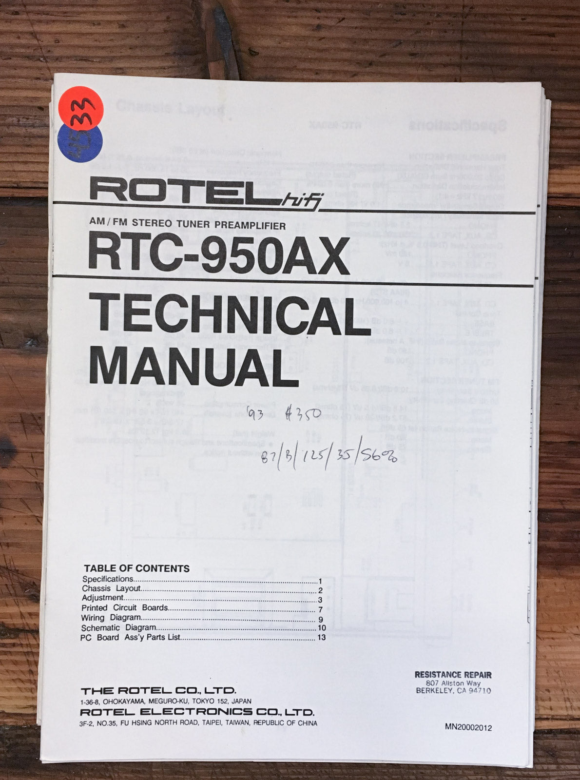 Rotel RTC-950AX Tuner  Service Manual *Original*
