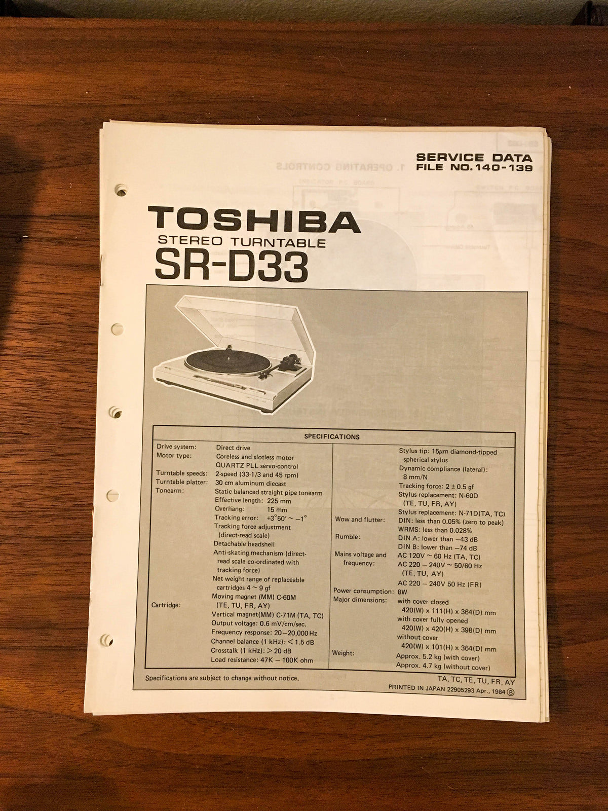Toshiba SR-D33 Record Player / Turntable Service Manual *Original*