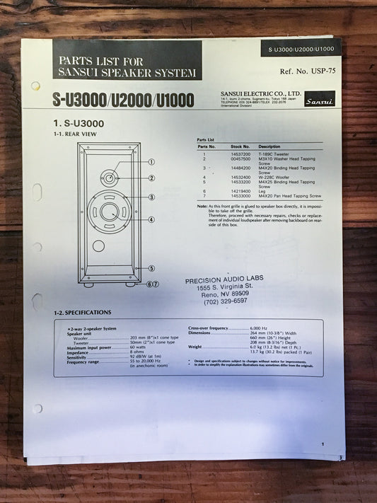 Sansui SP-U3000 -U2000 -U1000 Speaker Parts List Manual *Original*
