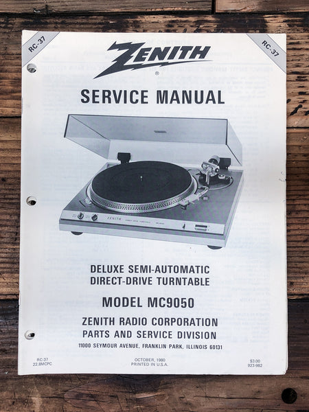 Zenith Model MC9050 RC-37 Record Player / Turntable  Service Manual *Original*