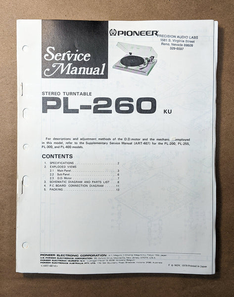 Pioneer PL-260 Record Player / Turntable Service Manual *Original*