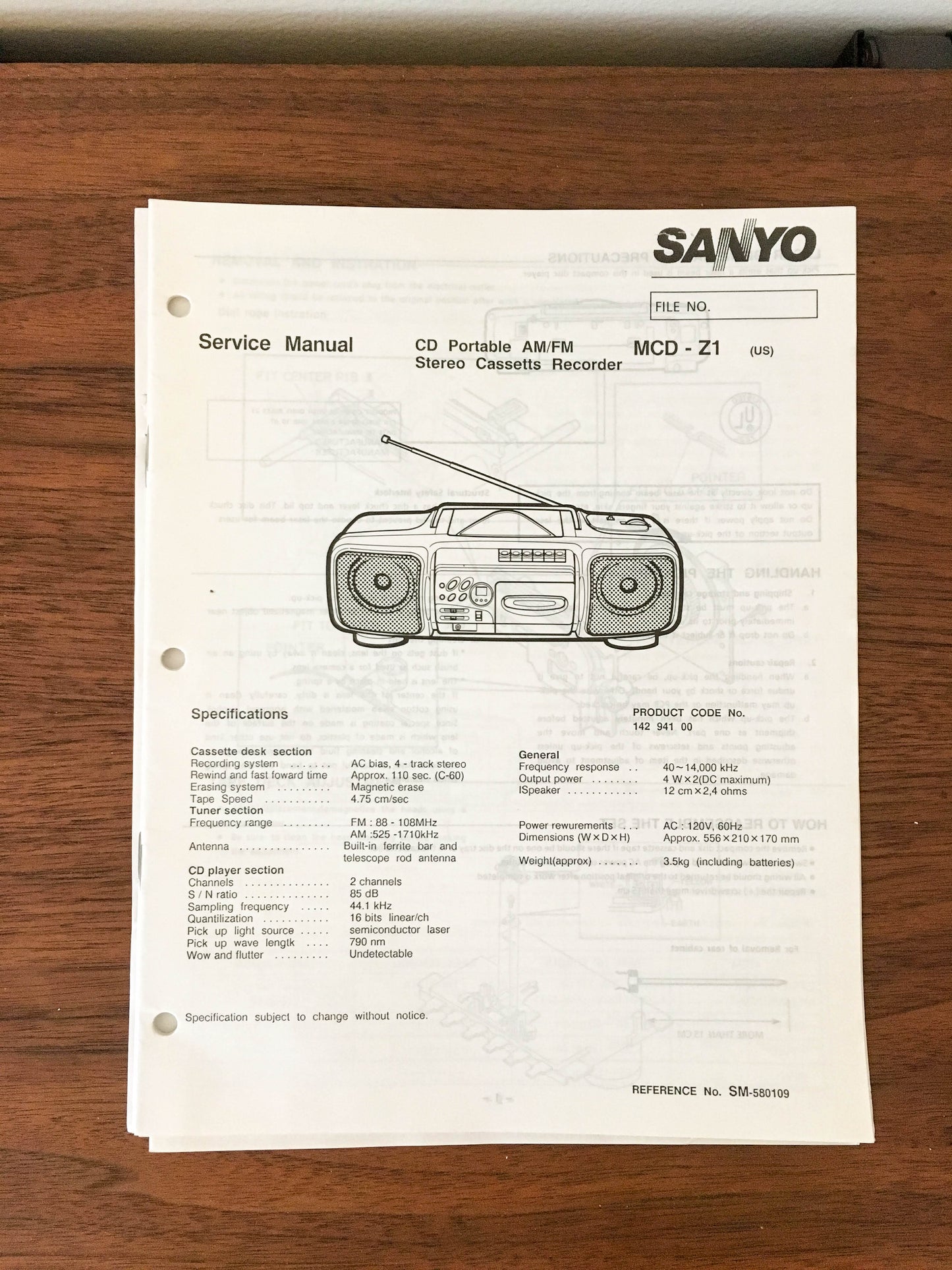 Sanyo MCD-Z1 Boombox Stereo Service Manual *Original*