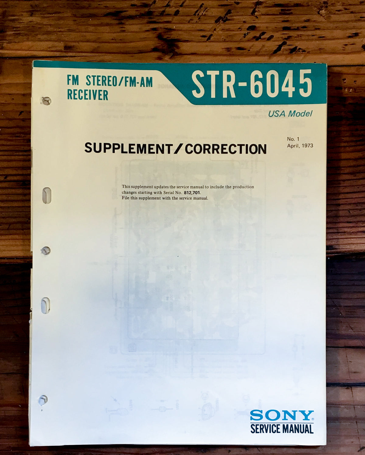 Sony STR-6045 Receiver Service Manual Supplement *Original*
