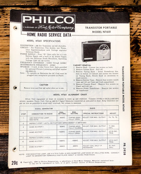 Philco Ford NT601 NT-601 Radio Service Manual *Original*