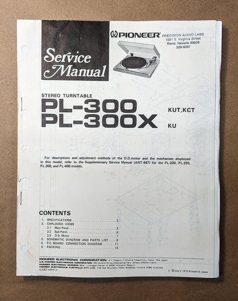 Pioneer PL-300 PL-300X Record Player / Turntable Service Manual *Original*