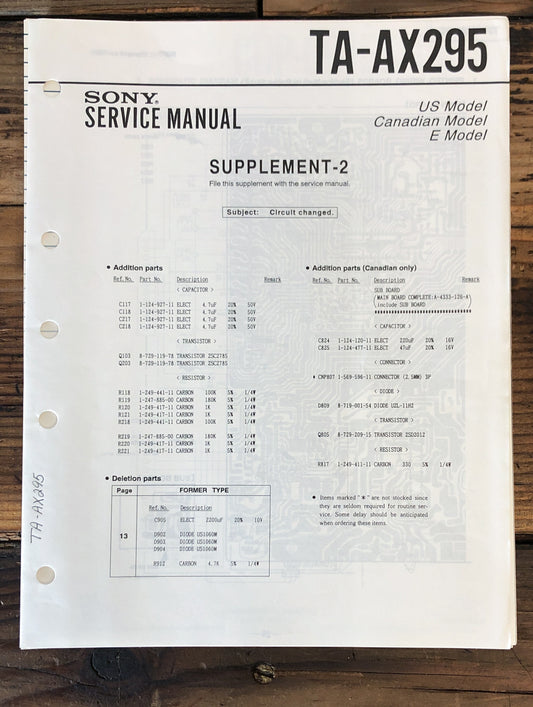 Sony TA-AX295 Amplifier Supp. Service Manual *Original*