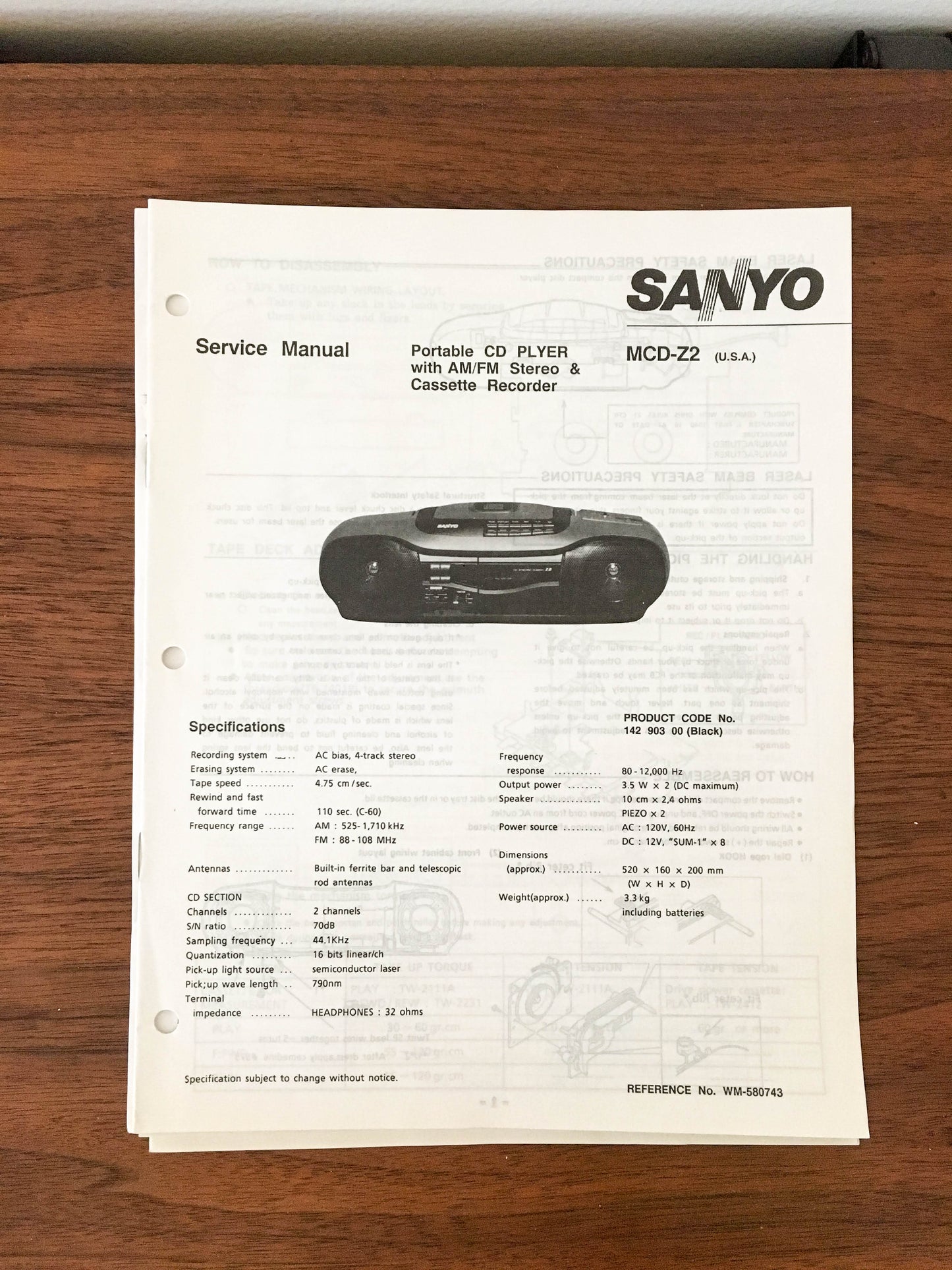 Sanyo MCD-Z2 Boombox Stereo Service Manual *Original*
