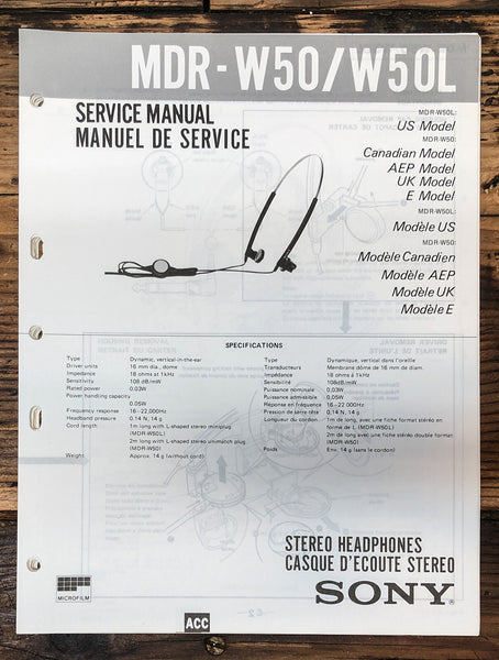 Sony MDR-W50 MDR-W50L Headphones  Service Manual *Original*