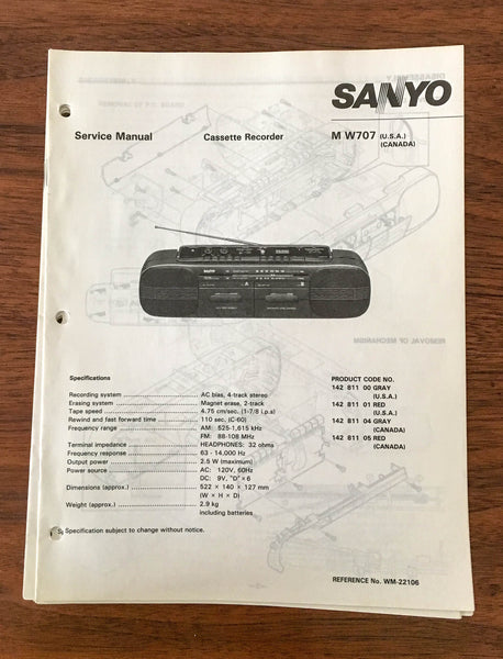 Sanyo M W707 Boombox / Radio Cassette Service Manual *Original*