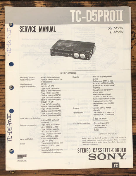 Sony TC-D5 PRO II  Cassette  Service Manual *Original*