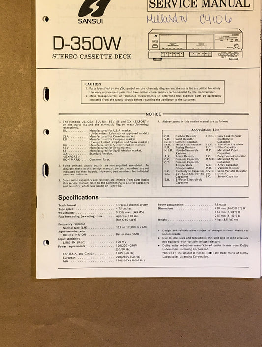 Sansui D-350W Cassette / Tape Player Service Manual *Original* #1