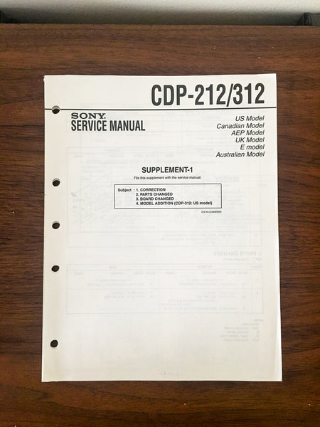 Sony CDP-212 CDP-312 CD Player Service Manual Supplement *Original*