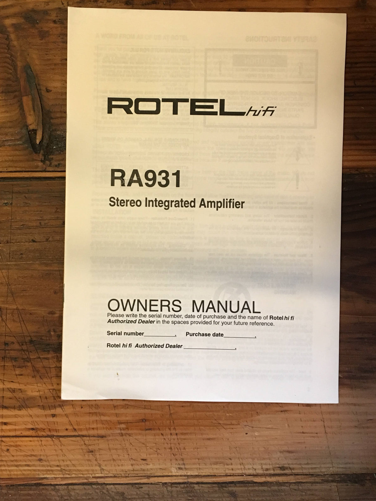 Rotel  RA 931 Amplifier Owners / Operating Manual *Original*