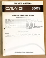 Craig Model 3509 8 Track Stereo Service Manual *Original*