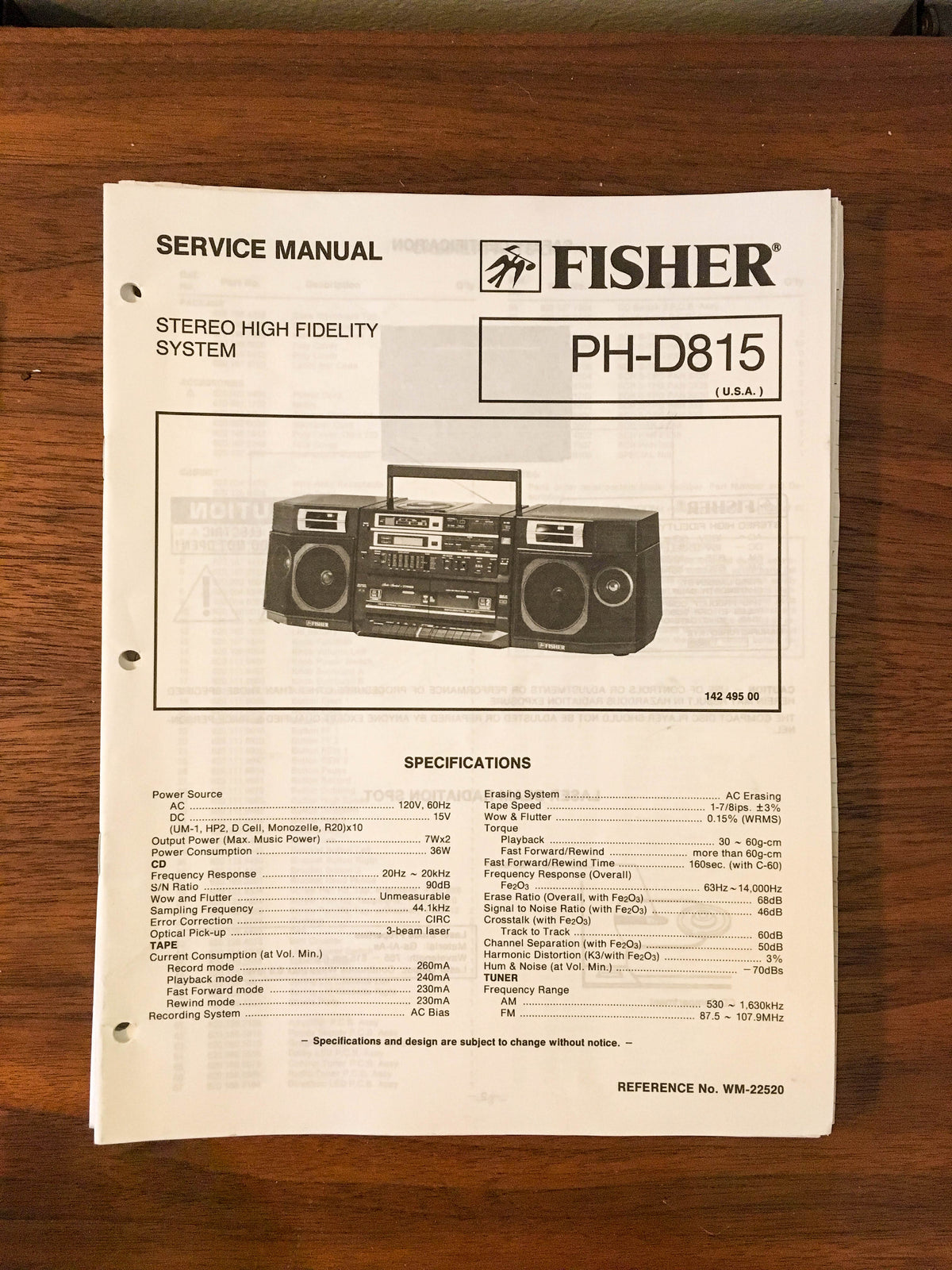 Fisher PH-D815 Boombox Radio Service Manual *Original*