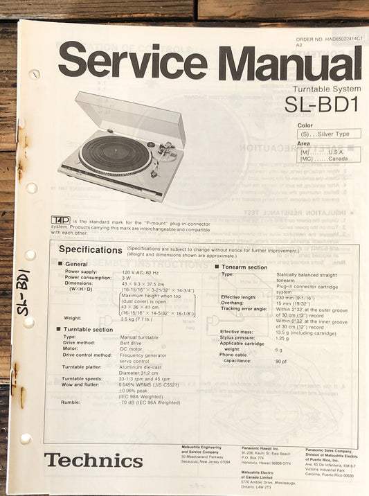 Technics SL-BD1 Record Player / Turntable  Service Manual *Original*