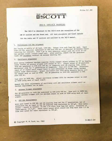 H.H. Scott Model 382C / 382-C Receiver Service Manual *Original*