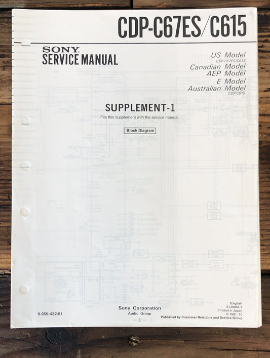 Sony CDP-C67ES -C615 CD Player Supp. Service Manual *Original*