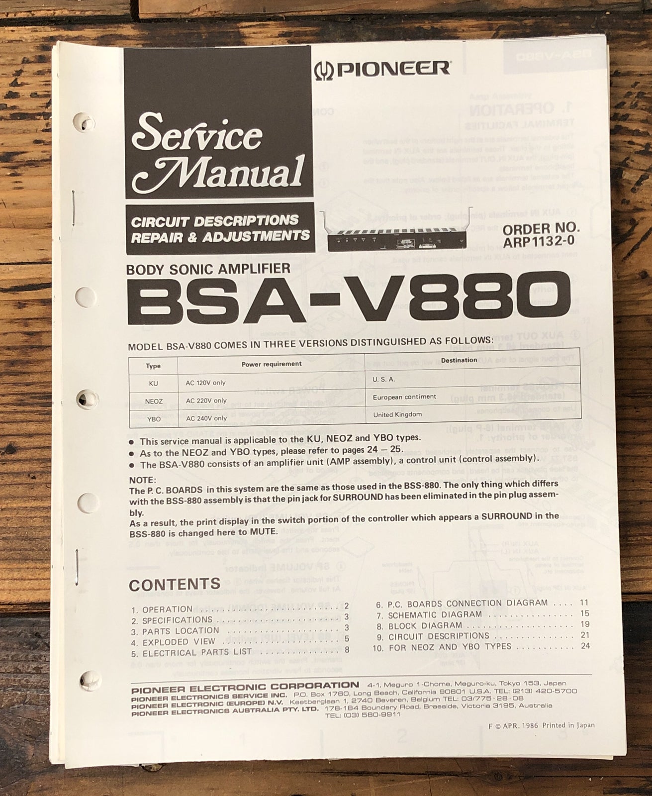 Pioneer BSA-V880 Body Sonic Amplifier  Service Manual *Original*