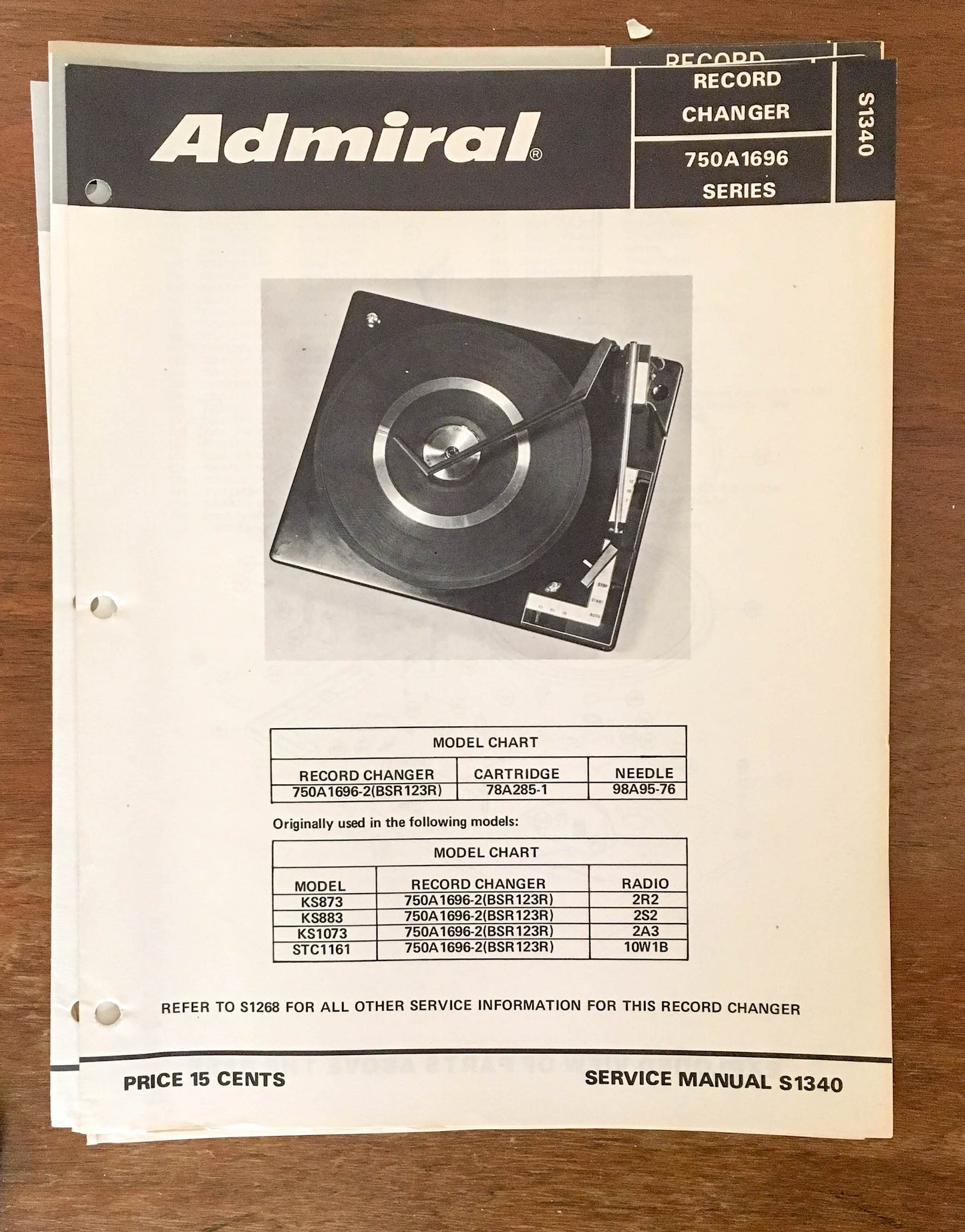 Admiral 750A1696  Record Player / Turntable  Service Manual *Original*