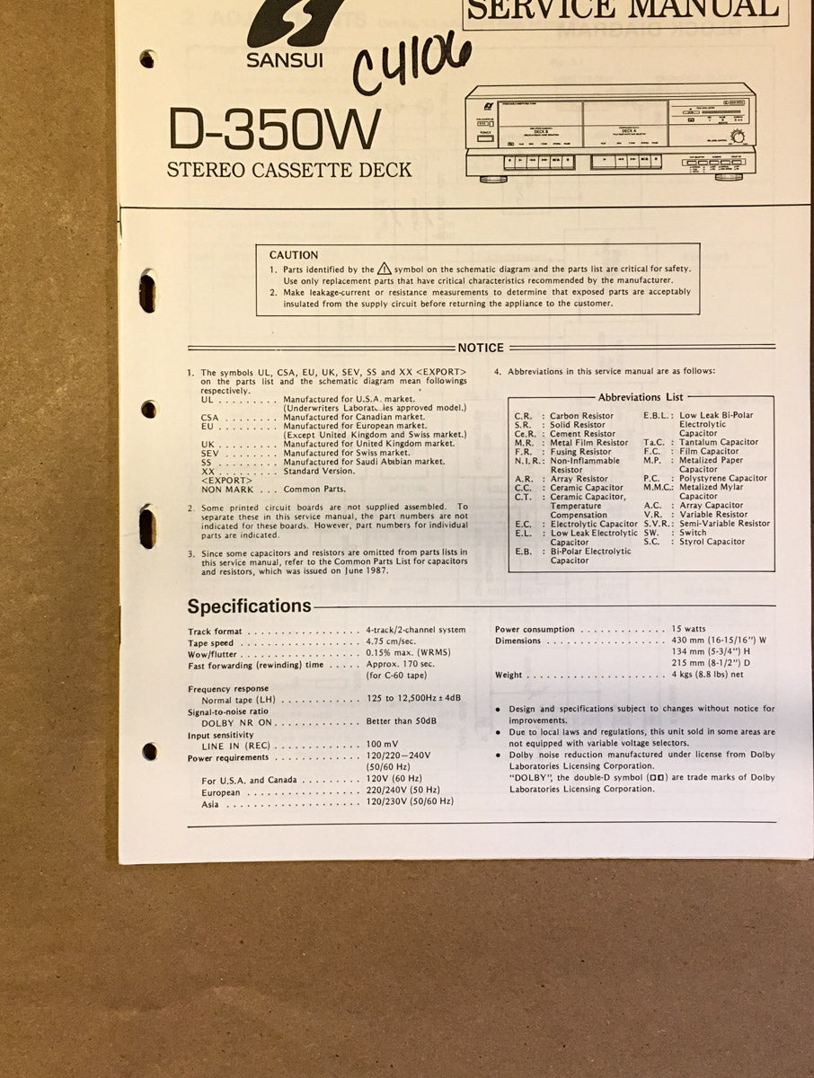 Sansui D-350W Cassette / Tape Player Service Manual *Original* #2