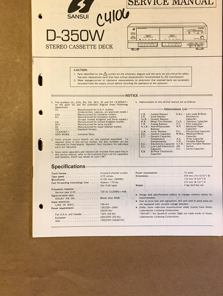 Sansui D-350W Cassette / Tape Player Service Manual *Original* #2