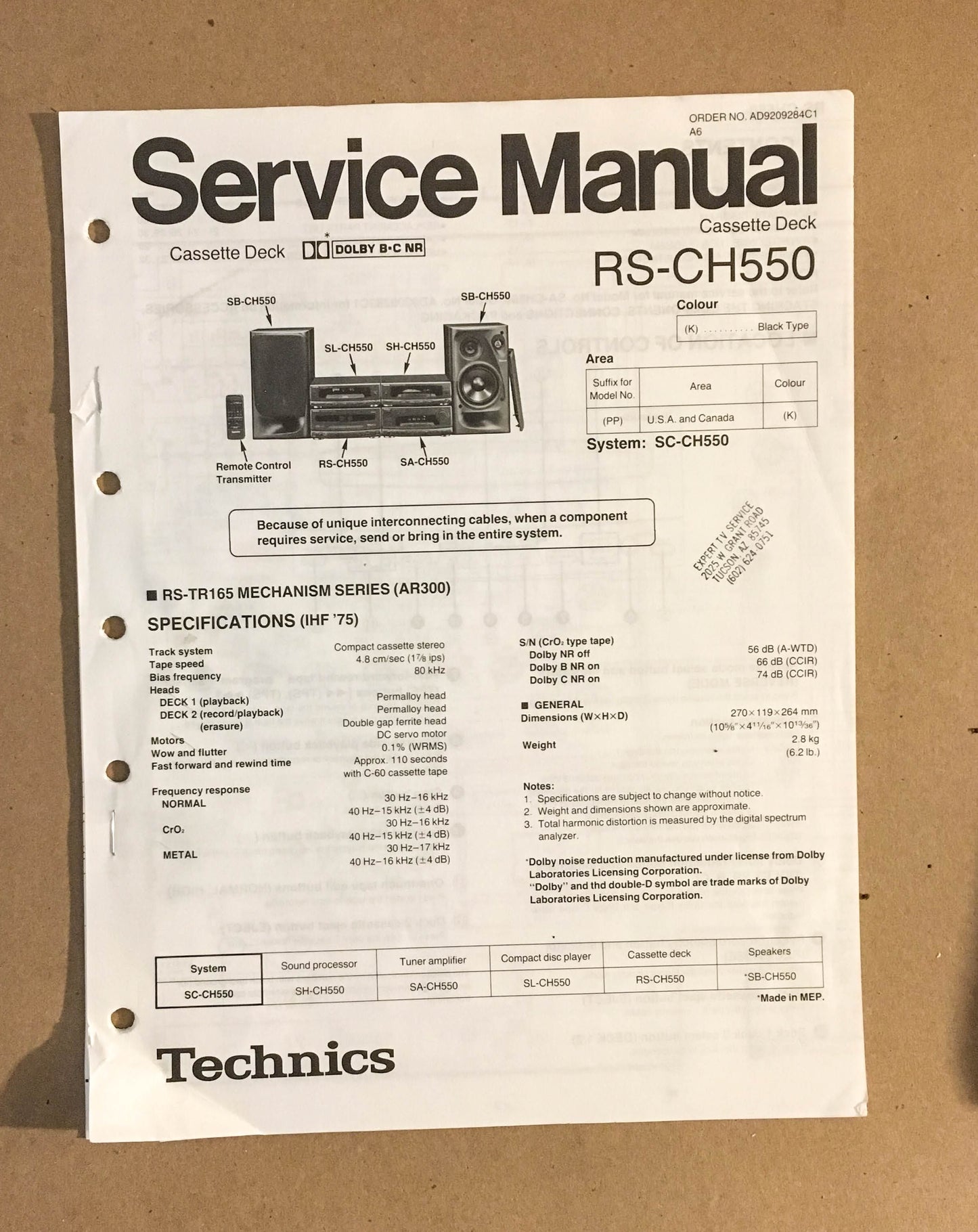 Technics / Panasonic RS-CH550   Service Manual *Original*
