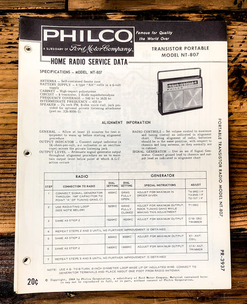 Philco Ford NT-807 NT807 Radio Service Manual *Original*
