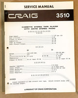 Craig Model 3510 8 Track Stereo Service Manual *Original*