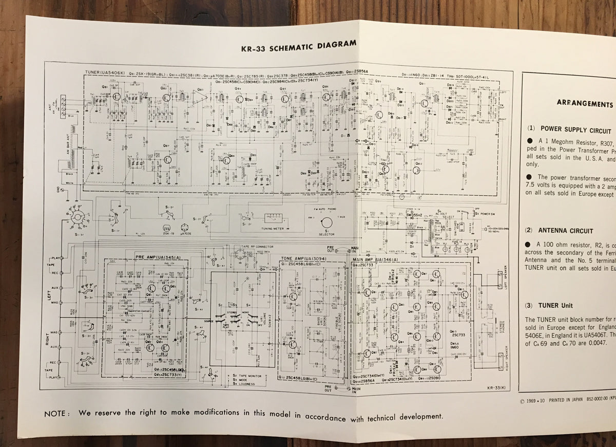 Kenwood KR-33 Receiver Large Fold Out Schematic Sheet *Original*