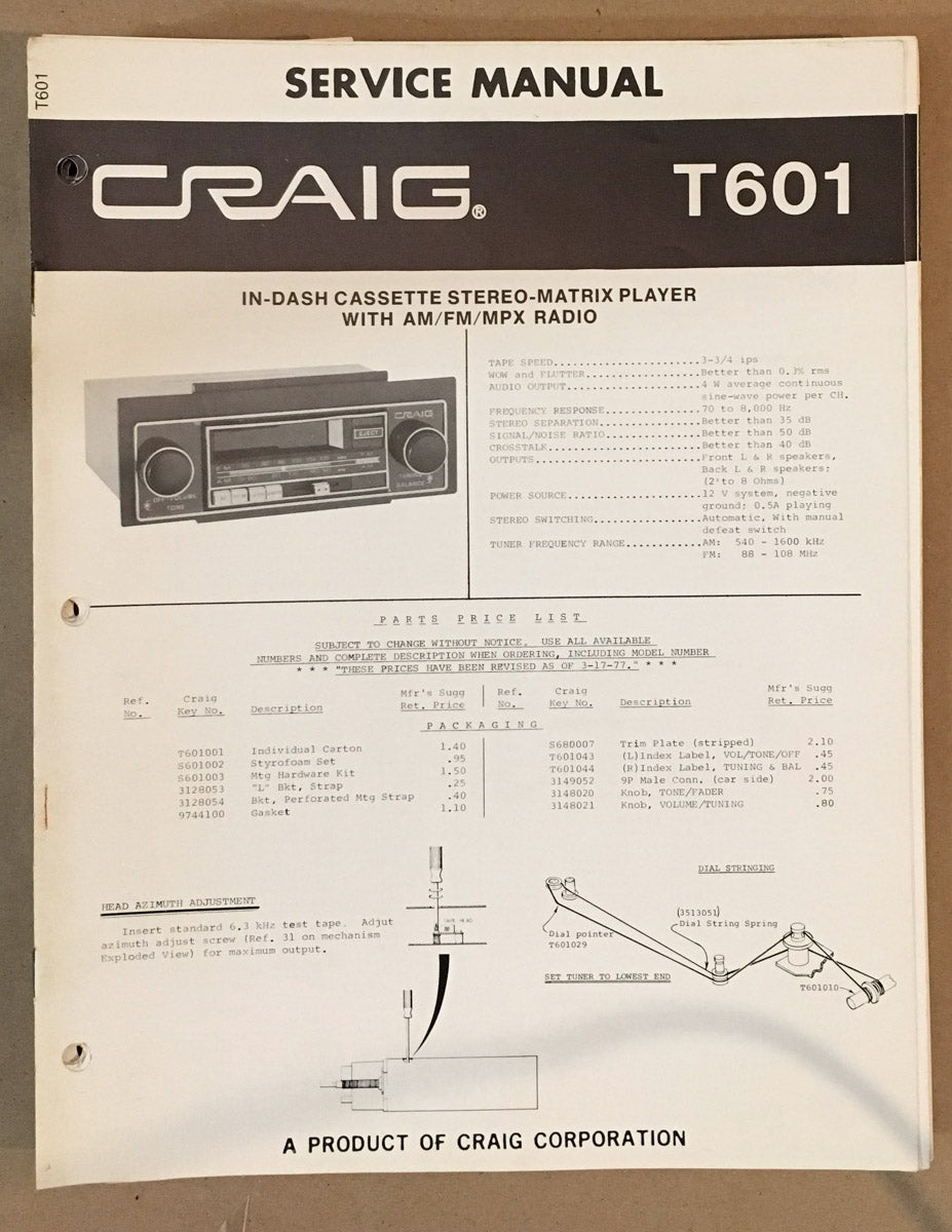 Craig Model T601 Car Stereo / Cassette Service Manual *Original*