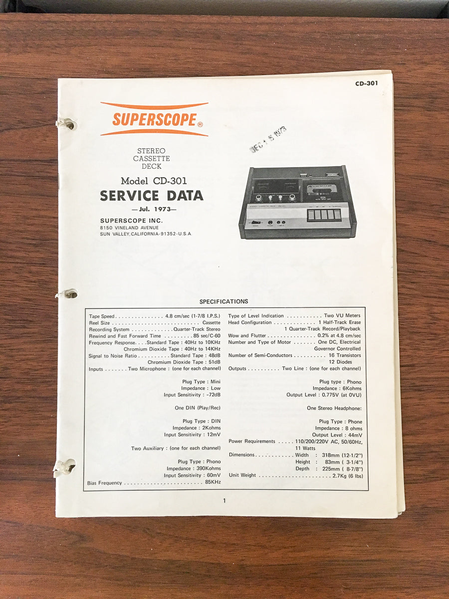 Superscope CD-301 Cassette / Tape Player Service Manual *Original*