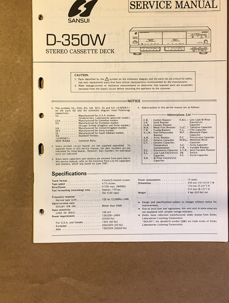 Sansui D-350W Cassette / Tape Player Service Manual *Original* #3