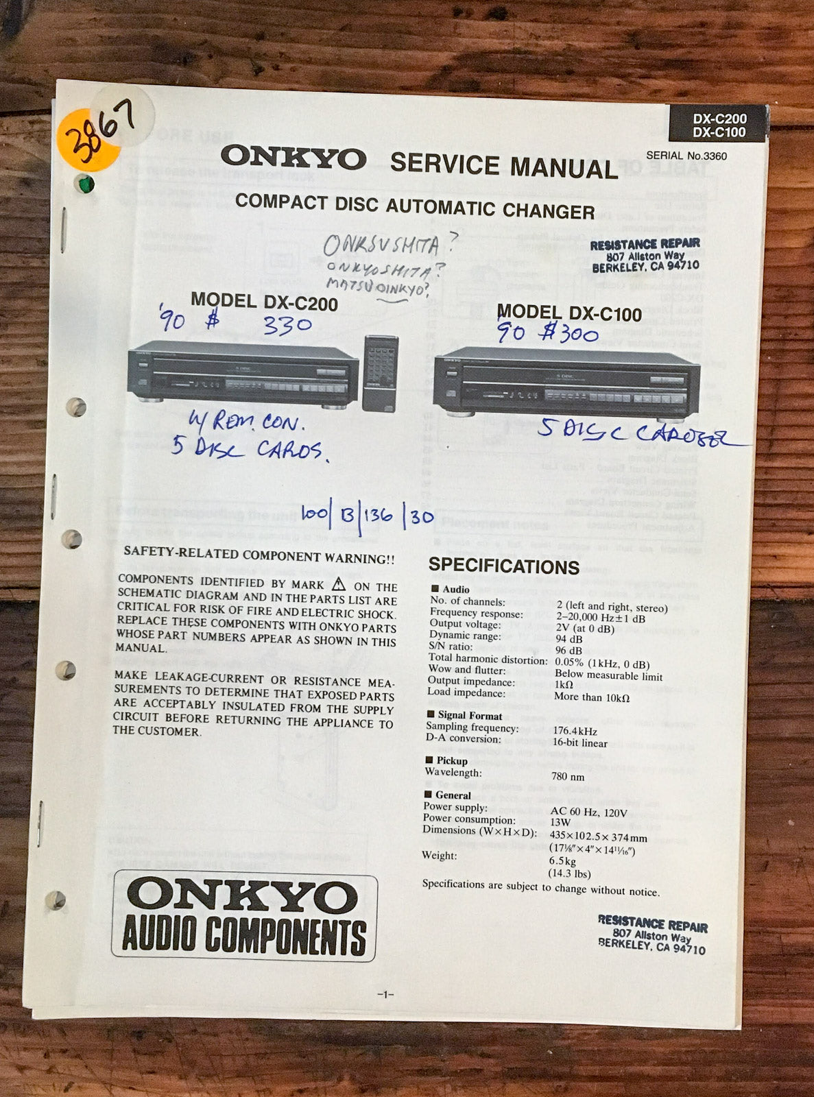 Onkyo DX-C200 DX-C100 CD Player  Service Manual *Original*