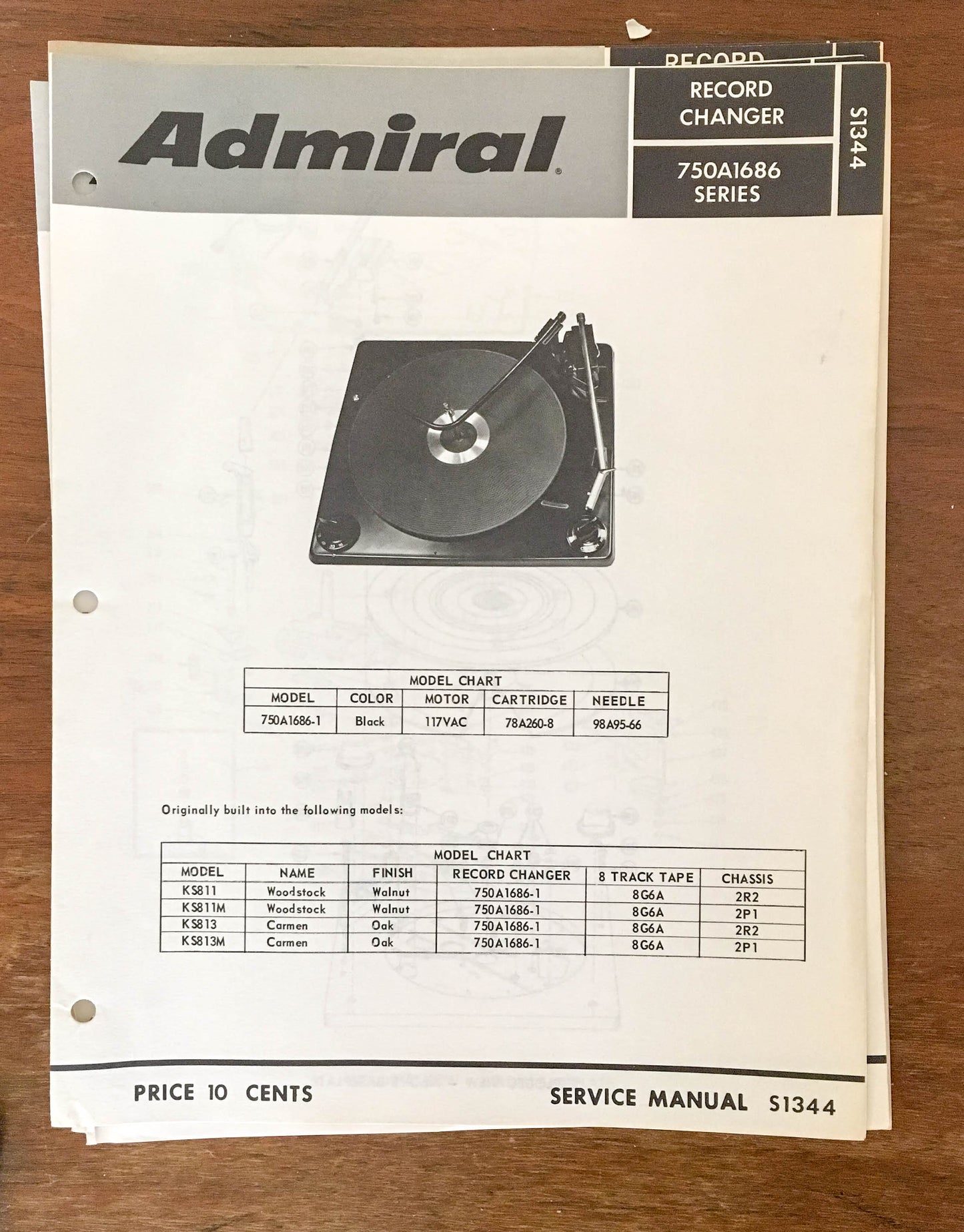 Admiral 750A1686  Record Player / Turntable  Service Manual *Original*