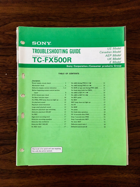 Sony TC-FX500R Cassette Troubleshooting Manual *Original*