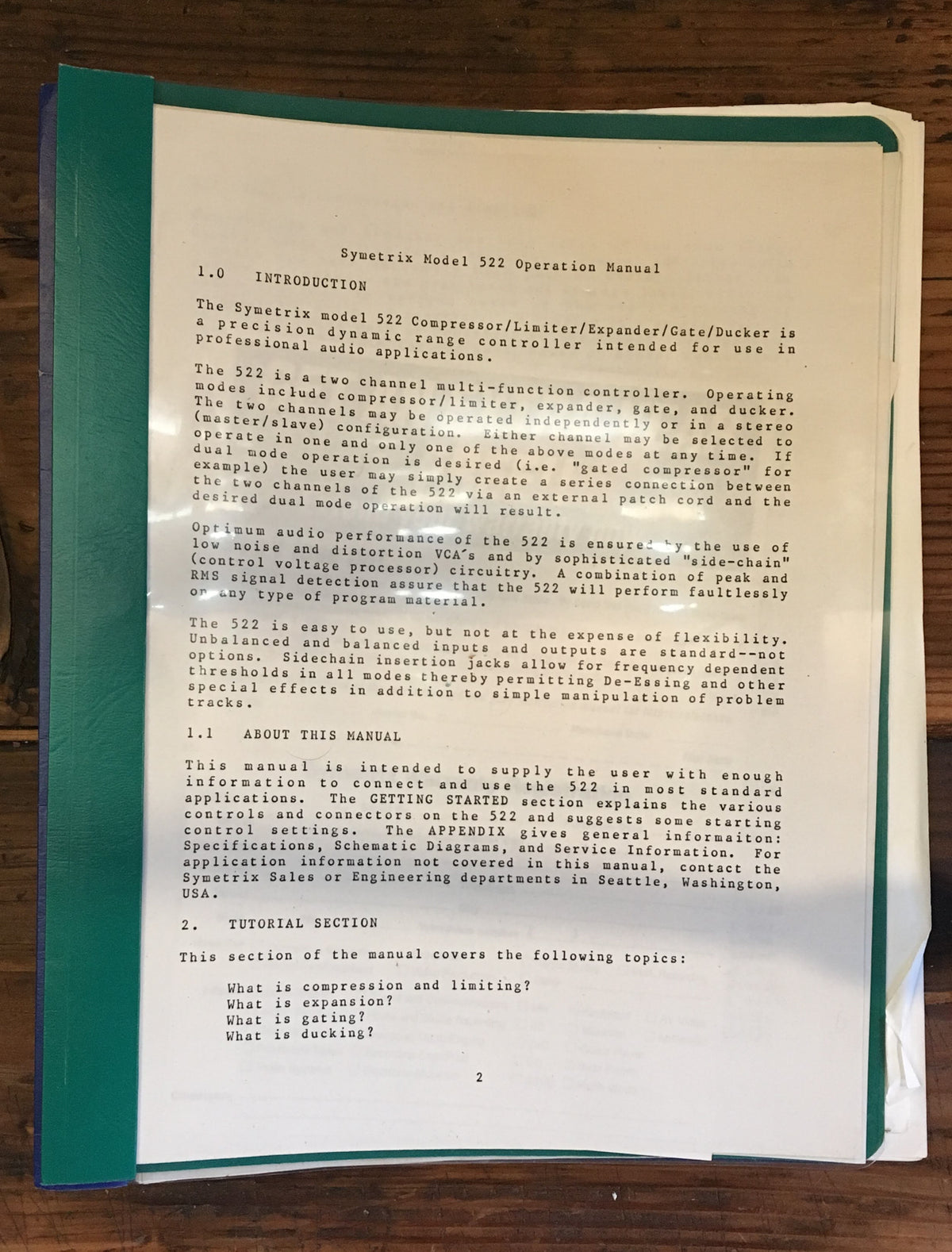 Symetrix Model 522 Compressor Install & Operating User Manual *Original*