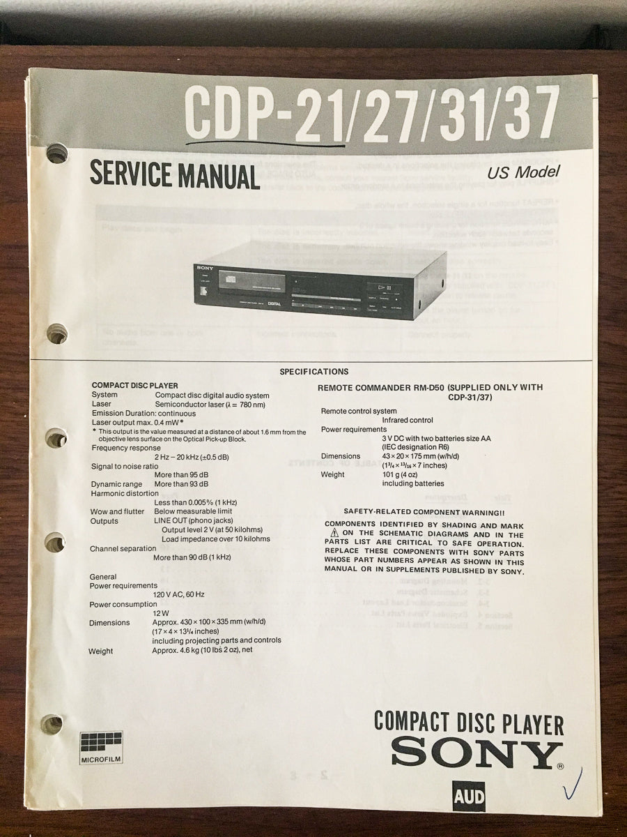 Sony CDP-21 CDP-27 CDP-31 CDP-37 CD Player Service Manual