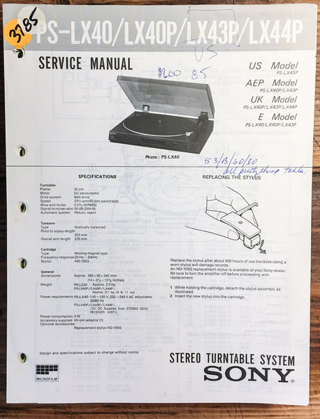 Sony PS-LX40 -LX40P -LX43P -LX44P Turntable  Service Manual *Original*