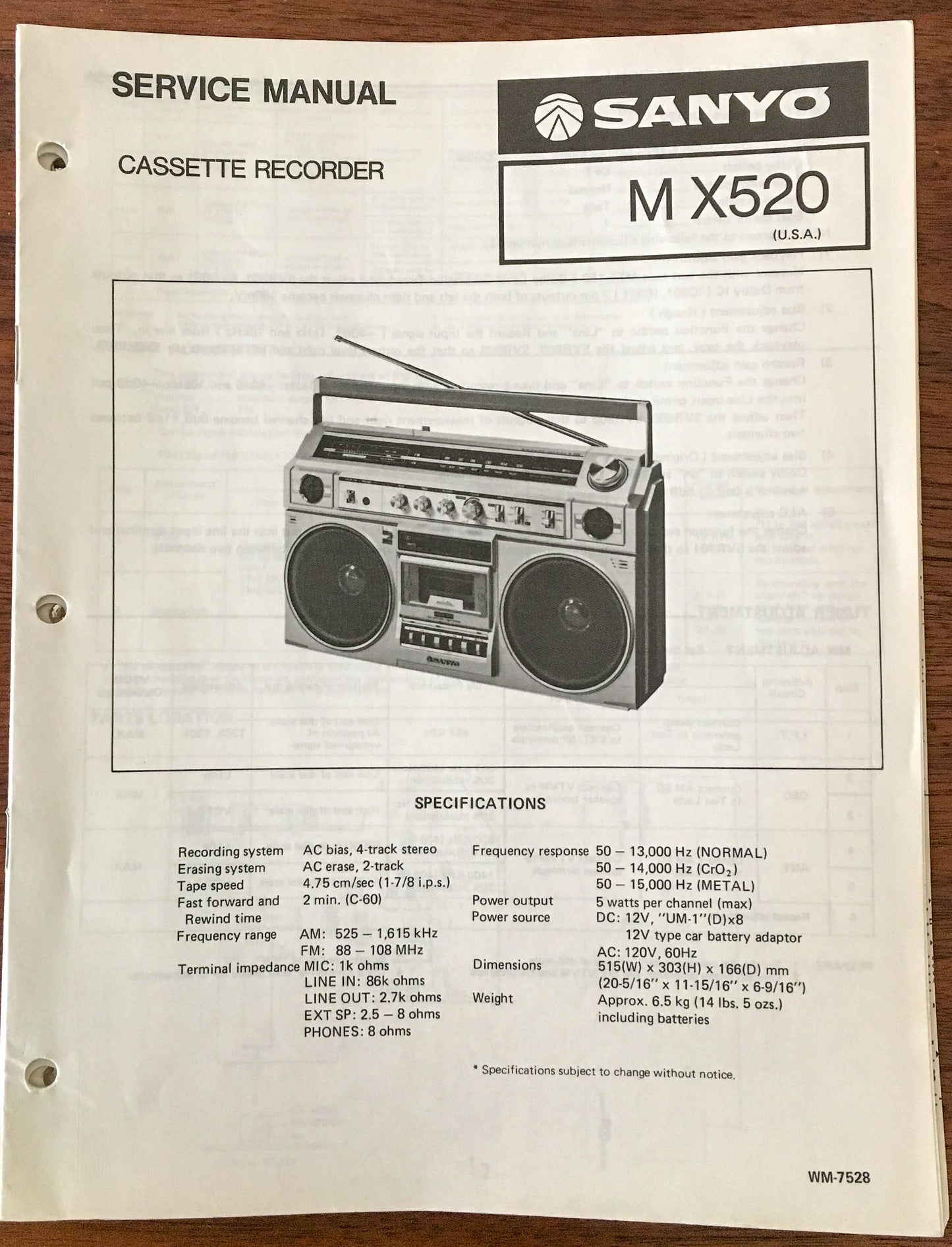 Sanyo M X520 Boombox / Radio Cassette Service Manual *Original*