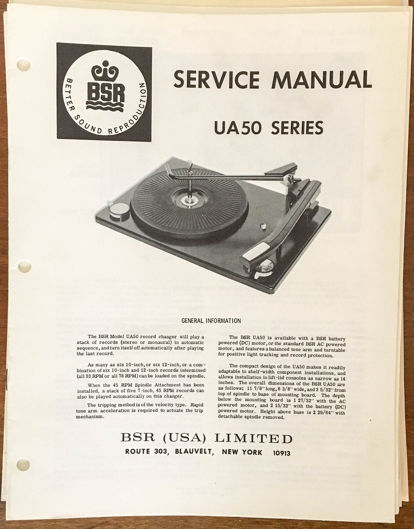 BSR UA50 UA 50 Series Record Player / Turntable  Service Manual *Original*