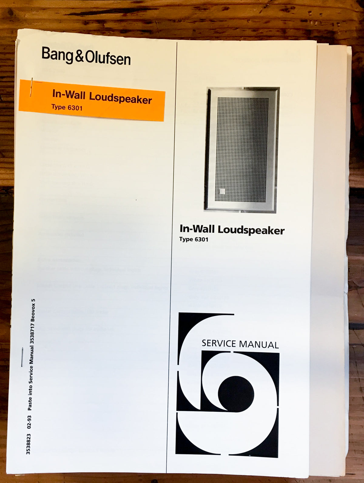 B&O Bang Olufsen Type 6301 Speaker Service Manual *Original*