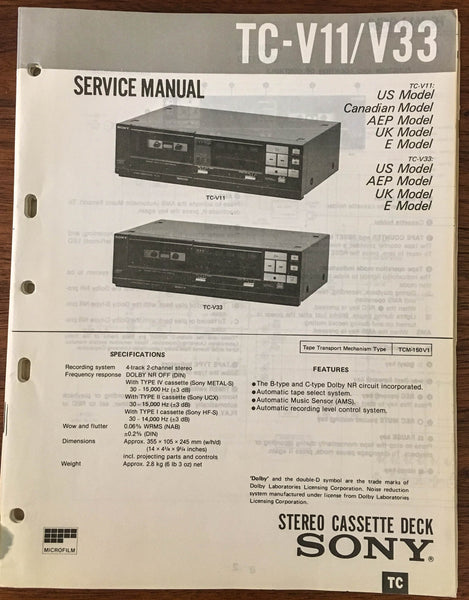 Sony TC-V11 TC-V33 CASSETTE Service Manual *Original*