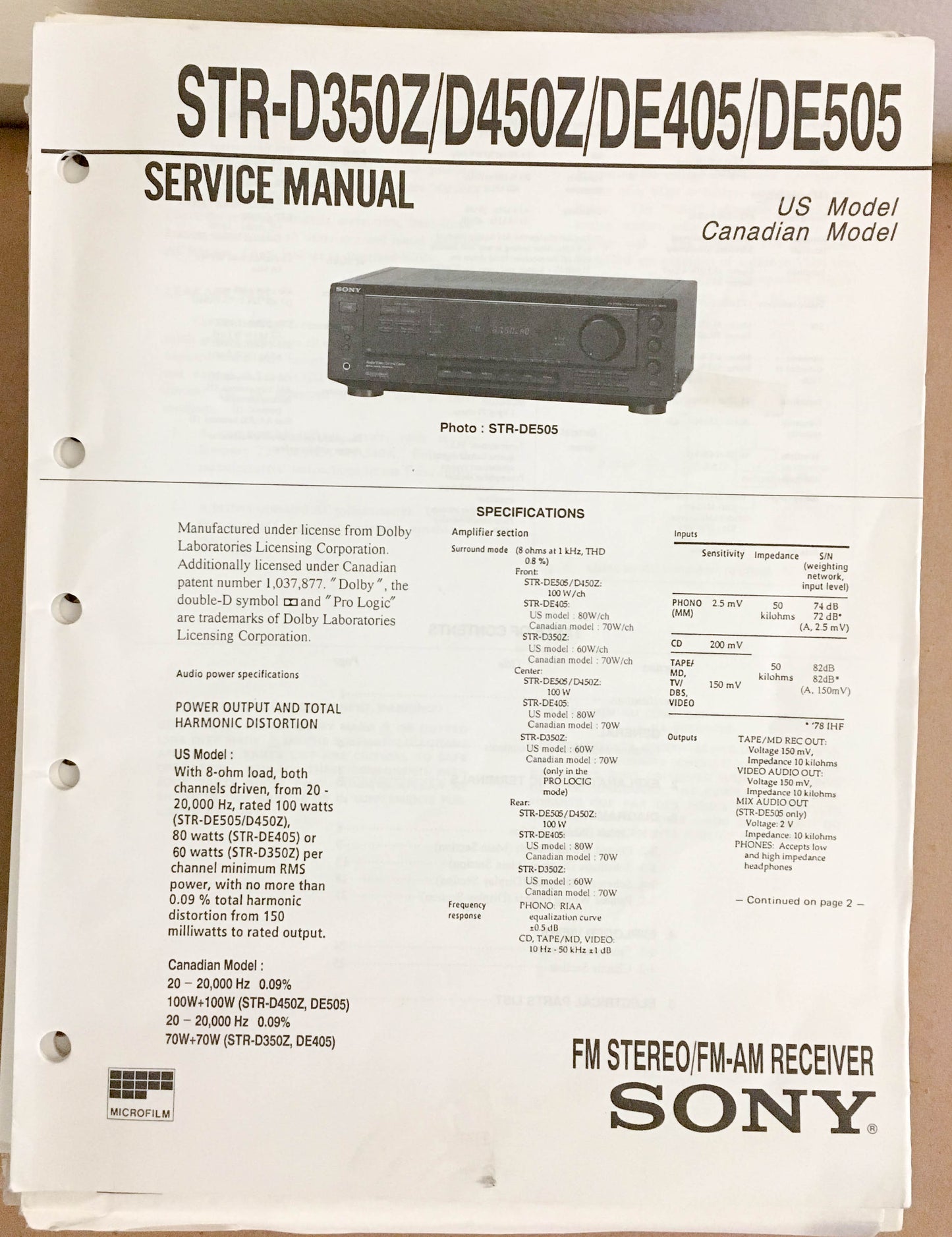 Sony STR-D350Z D450Z DE405 DE505 Receiver  Service Manual *Original*